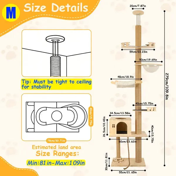 6-Level Adjustable Cat Tree with Scratching Posts, Transparent Capsule &amp; Hammock
