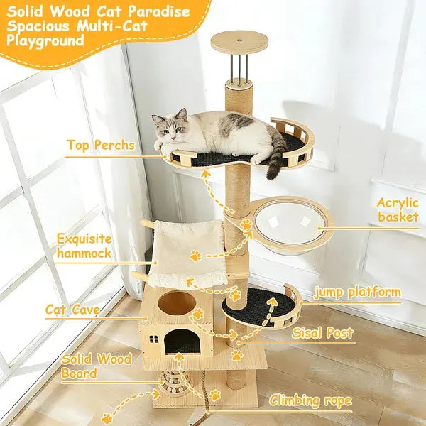 6-Level Adjustable Cat Tree with Scratching Posts, Transparent Capsule &amp; Hammock