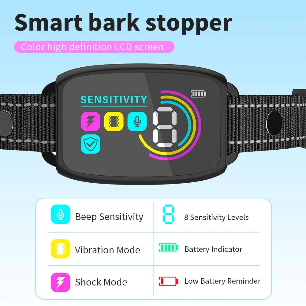 Smart Automatic Anti-Barking Dog Collar with AI Recognition, 4 Training Modes, IP67 Waterproof, USB Rechargeable, and 15-Day Battery Life for Dogs 8–120 lbs