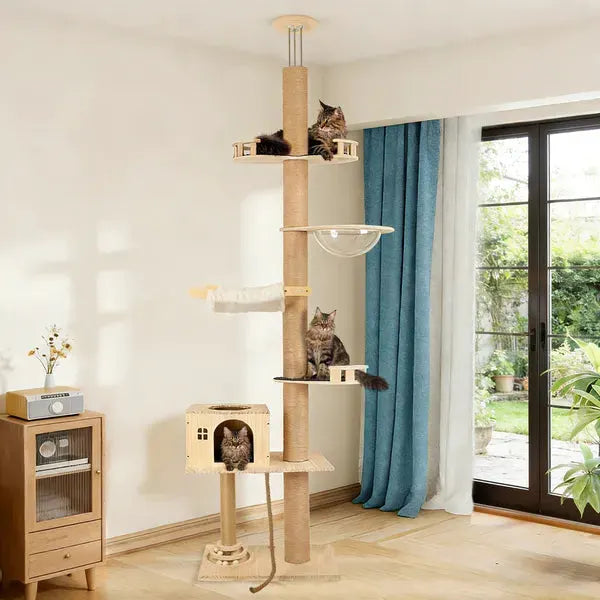 6-Level Adjustable Cat Tree with Scratching Posts, Transparent Capsule &amp; Hammock
